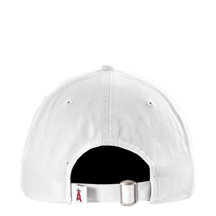 White baseball cap with metal buckle adjuster and small red A detail on back