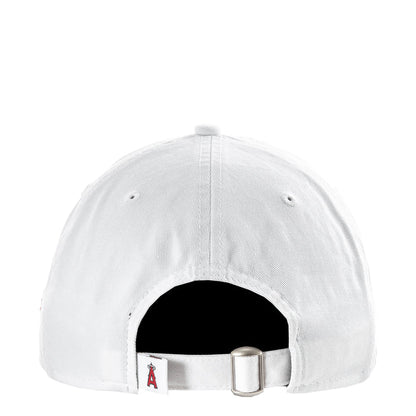 White baseball cap with metal buckle adjuster and small red A detail on back