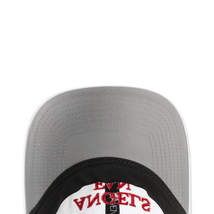 White baseball cap back panel with black trim and red embroidered text