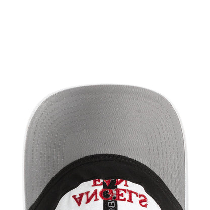 White baseball cap back panel with black trim and red embroidered text