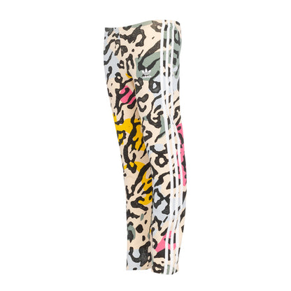 Youth animal print leggings, beige leopard pattern with pink and yellow accents, side view