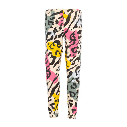 Youth animal print leggings, beige with multicolor leopard print, full-length front view