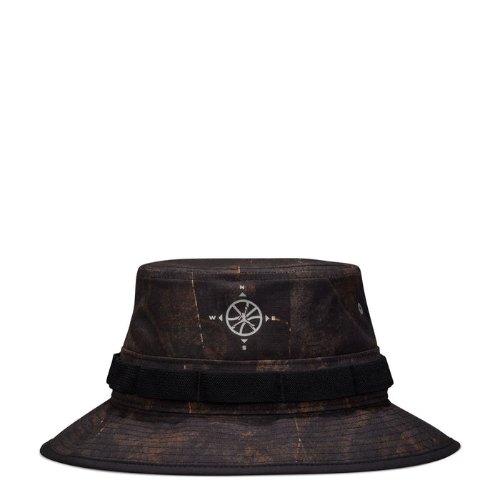 Brown/olive bucket hat with compass graphic and wide brim, black adjustable band