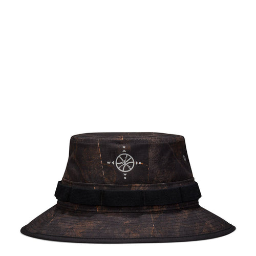 Brown/olive bucket hat with compass graphic and wide brim, black adjustable band