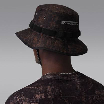 Dark brown/olive bucket hat with Jordan logo patch and black adjustable band