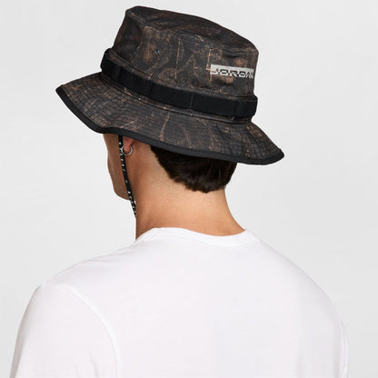 Dark brown/olive bucket hat from back view with Jordan patch and black chin strap