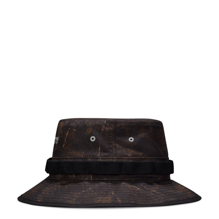 Dark brown/olive bucket hat front view with compass graphic and black adjustable band