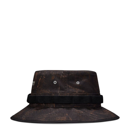 Dark brown/olive bucket hat front view with compass graphic and black adjustable band