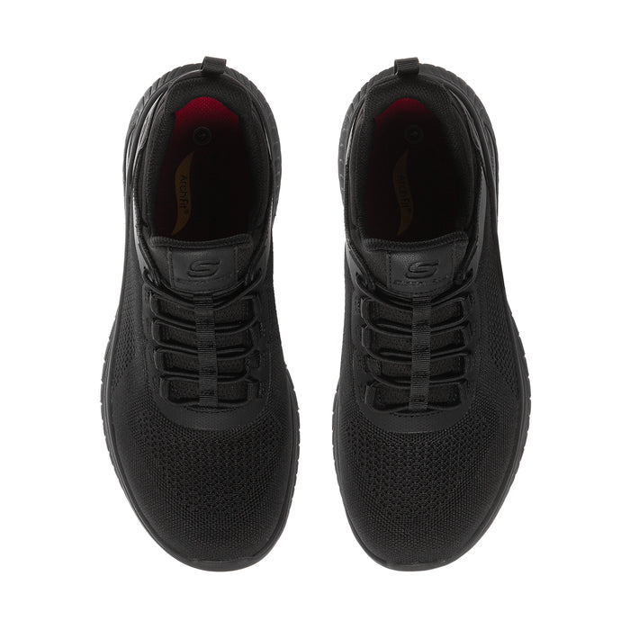 Men's black lace-up sneaker, front/side view with patterned mesh upper