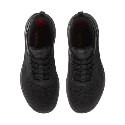 Men's black lace-up sneaker, front/side view with patterned mesh upper