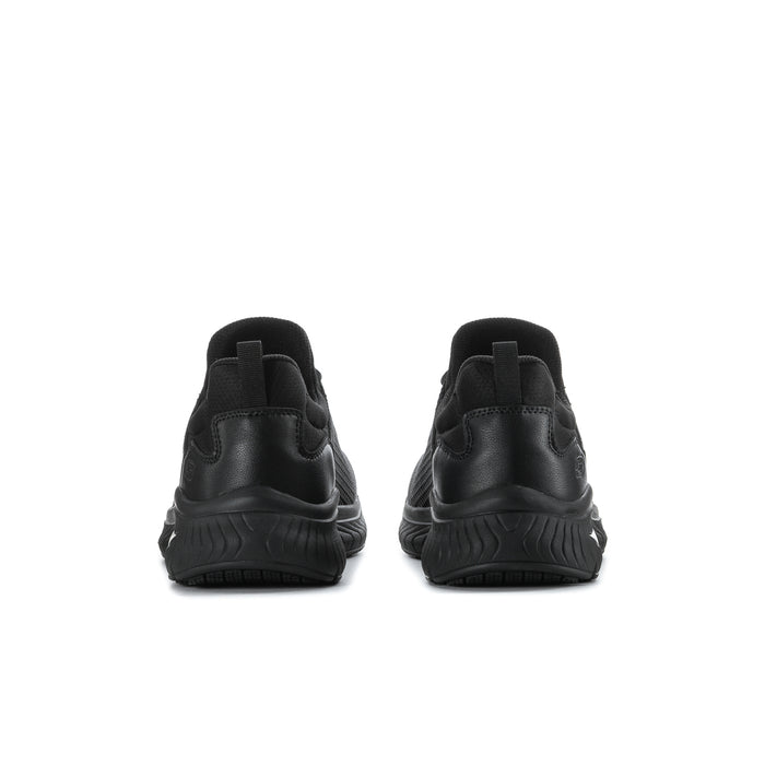 Men's black sneaker outsoles showing tread pattern and rear heel grip