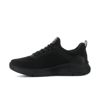 Men's black sneaker heel view with pull tab and sculpted rubber midsole