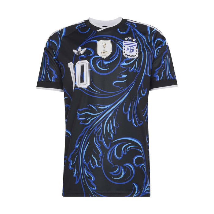 Black soccer jersey with blue swirl pattern, AFA/FIFA crests, white number 10 on chest