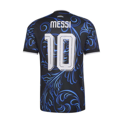 Black jersey rear close-up with blue swirls, white MESSI text and number 10