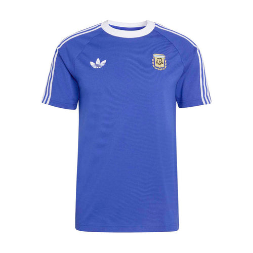 Men's blue soccer T-shirt with white ribbed collar, sleeve stripes, adidas and Argentina logos