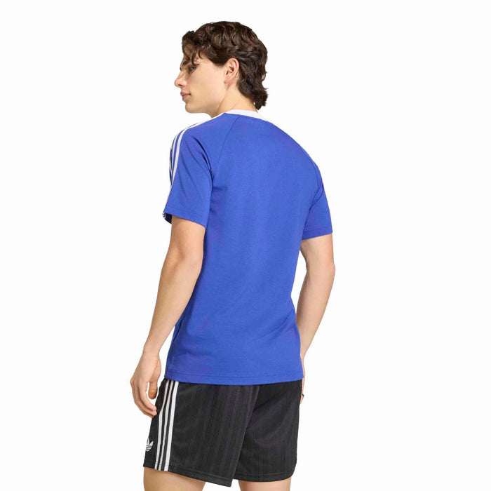 Men's blue soccer T-shirt back view with white shoulder sleeve stripes and crew neck trim
