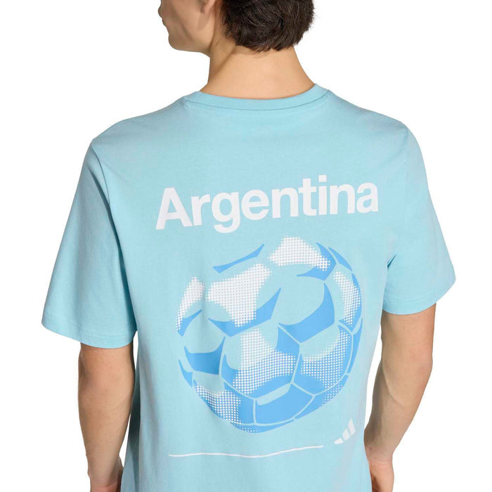 Men's light blue T-shirt showing back 'Argentina' text and soccer ball graphic