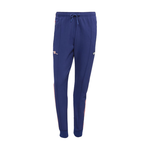 Men’s blue track pants with drawstring waist and tapered legs, side logo patches