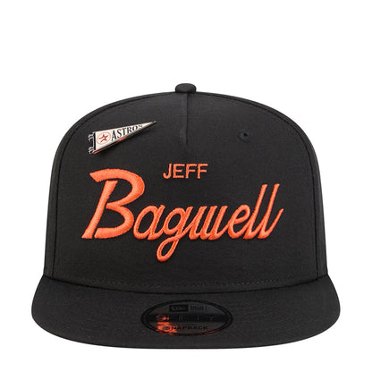 Black A-frame baseball cap with orange Jeff Bagwell script and Astros logo patch