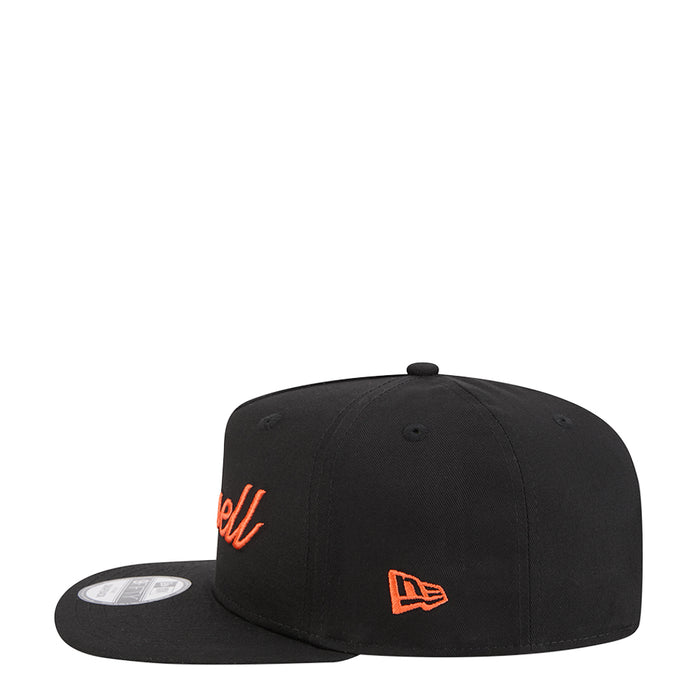 Black baseball cap with New Era flag logo and partial orange Bagwell embroidery