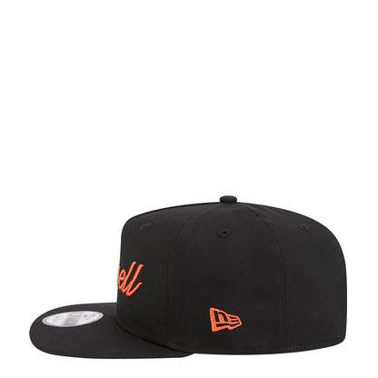Black baseball cap with New Era flag logo and partial orange Bagwell embroidery