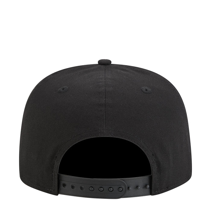 Black baseball cap back view with adjustable strap and ventilation eyelets
