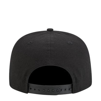 Black baseball cap back view with adjustable strap and ventilation eyelets