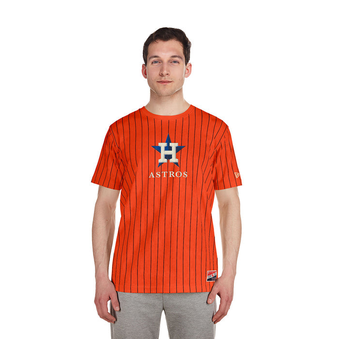 Men's orange pinstripe T-shirt with chest Astros H logo, crew neck