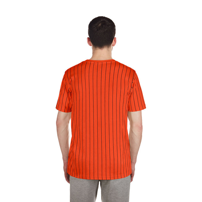Men's orange pinstripe T-shirt with round crew neck, back view