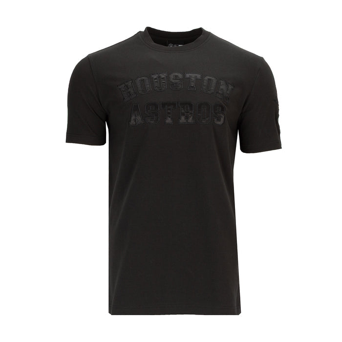 Black crew-neck men’s T-shirt with distressed Astros logo graphic on the chest
