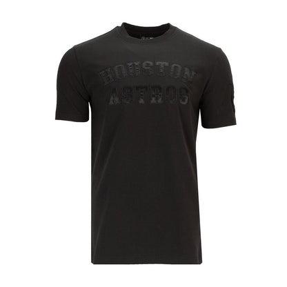 Black crew-neck men’s T-shirt with distressed Astros logo graphic on the chest