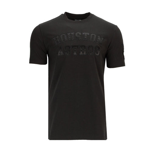 Black crew-neck men’s T-shirt with distressed Astros logo graphic on the chest