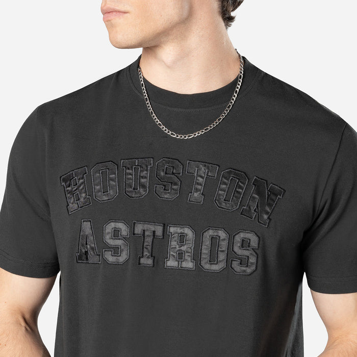 Black crew-neck T-shirt with large distressed chest print reading ASTROS