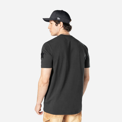 Black men’s crew-neck T-shirt shown from the back with short sleeves