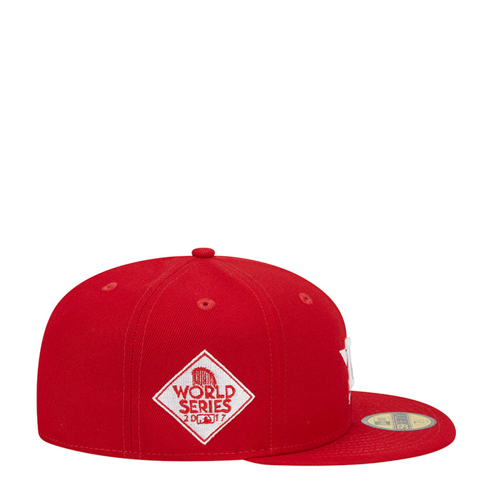 Red baseball cap with white “World Series 2017” diamond logo on front