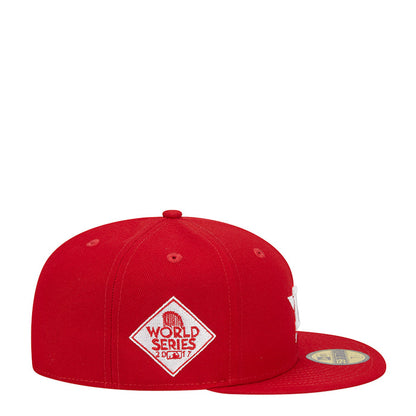 Red baseball cap with white “World Series 2017” diamond logo on front