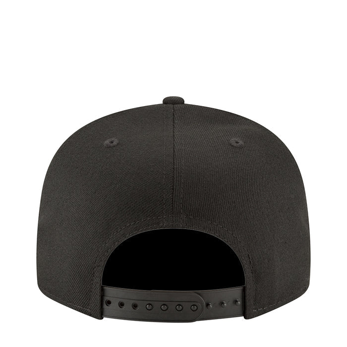 Black baseball cap back view with adjustable snapback strap