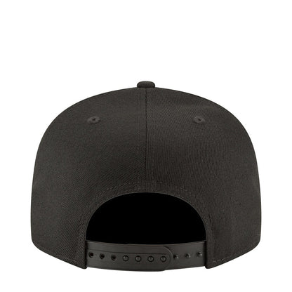 Black baseball cap back view with adjustable snapback strap