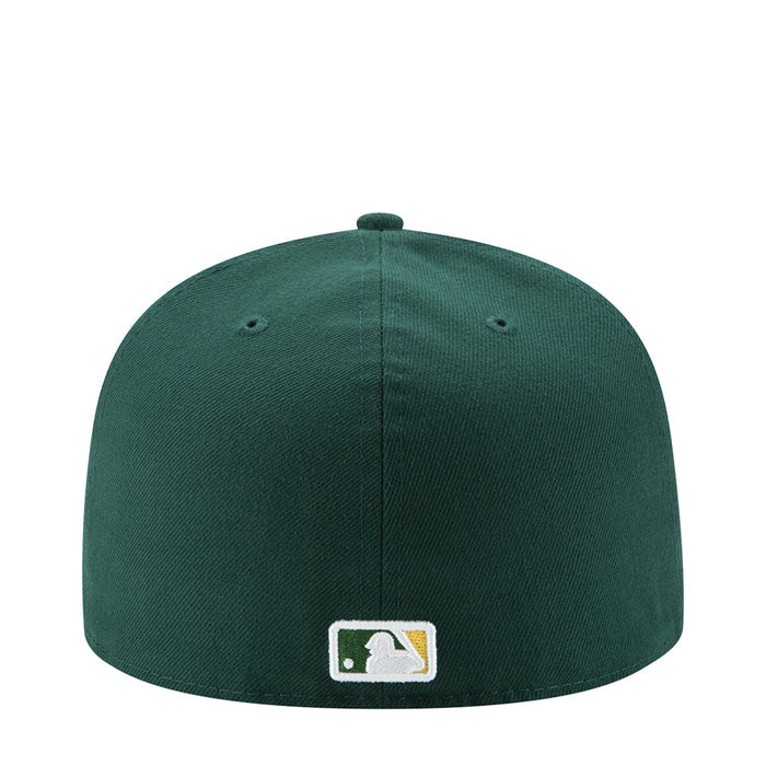 Green baseball cap with white logo patch on back panel
