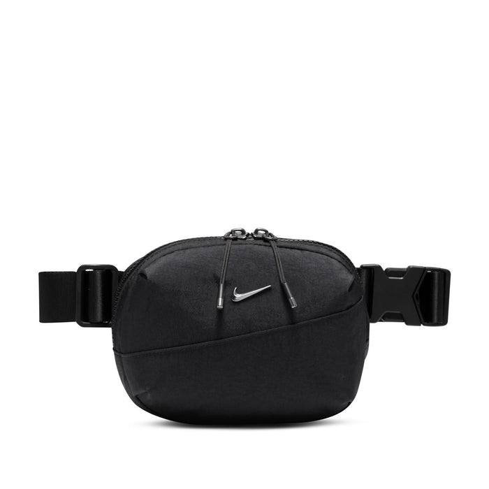 Black oval crossbody bag with adjustable strap, gunmetal clasp, front swoosh logo