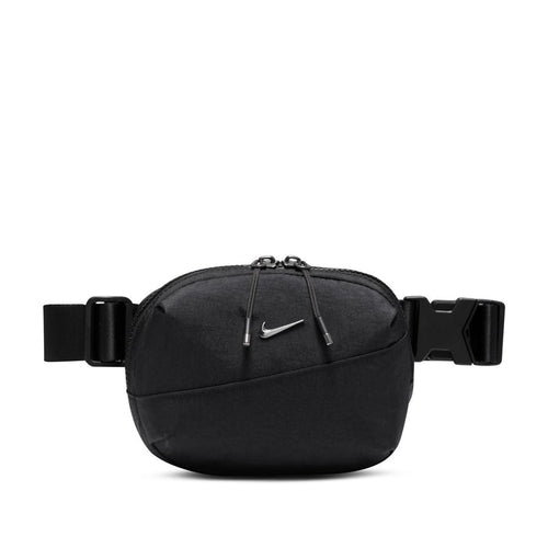 Black oval crossbody bag with adjustable strap, gunmetal clasp, front swoosh logo