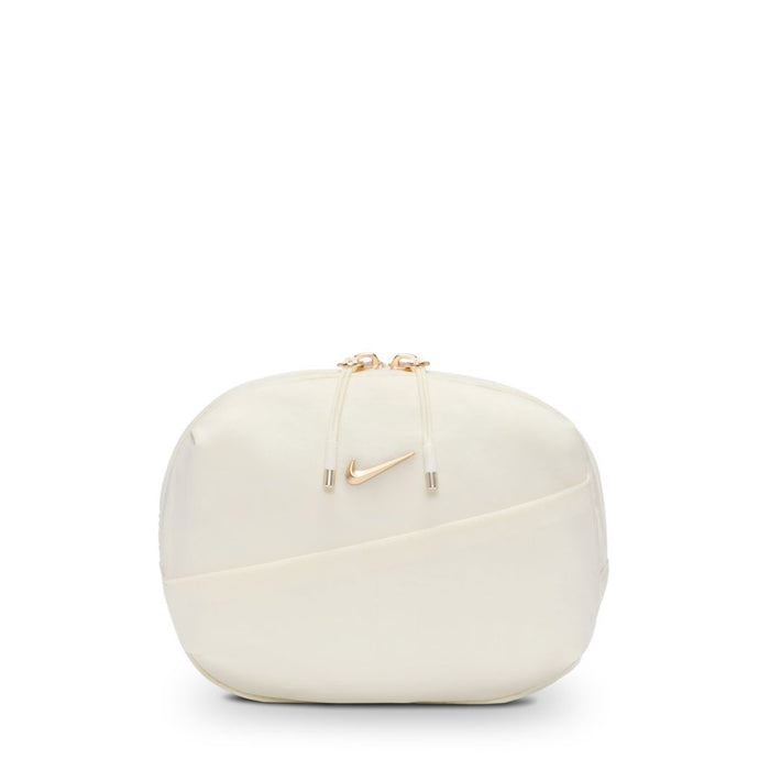 Oval crossbody bag, cream with gold-tone front logo and top zipper pulls