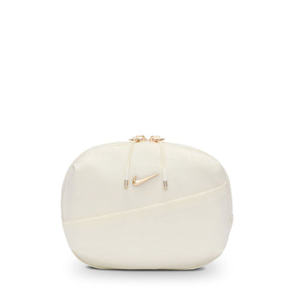 Oval crossbody bag, cream with gold-tone front logo and top zipper pulls