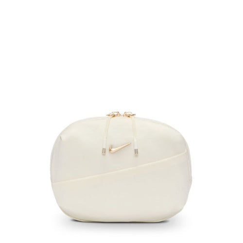 Oval crossbody bag, cream with gold-tone front logo and top zipper pulls