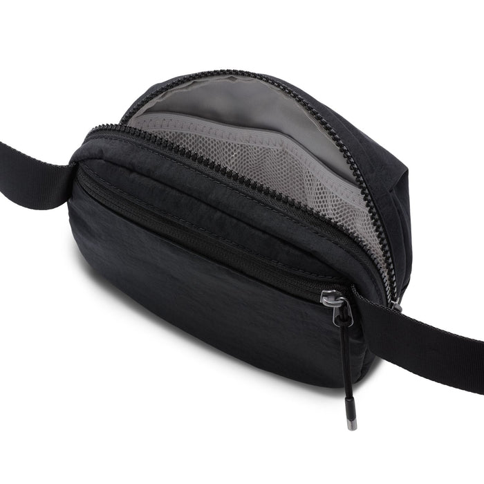 Black oval crossbody bag with top zipper and mesh-lined interior panel