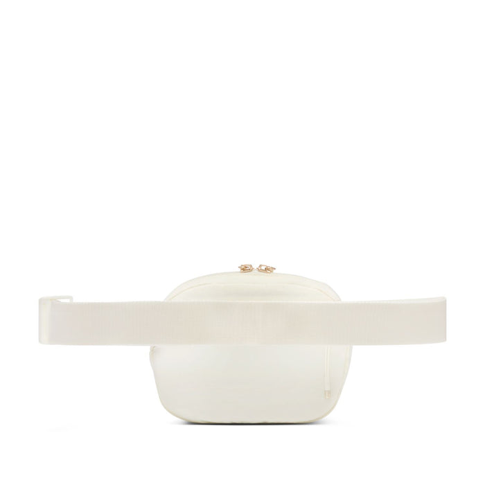 Cream oval crossbody bag with flat white adjustable strap and top zipper