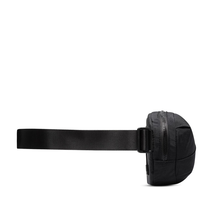 Black oval crossbody bag with adjustable web strap and side buckle