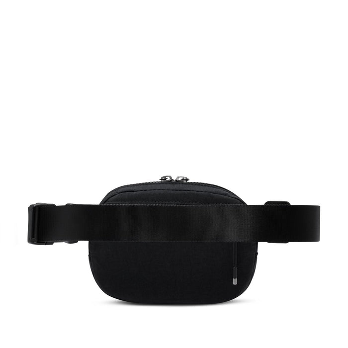 Black oval crossbody bag with wide strap and top zipper with pull tabs