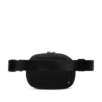 Black oval crossbody bag with wide strap and top zipper with pull tabs