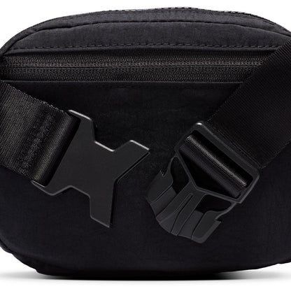 Gunmetal clasp and strap attachment hardware on black oval crossbody bag